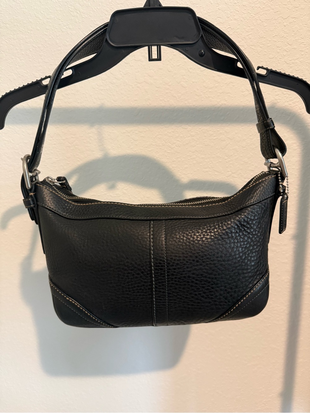 Coach F12321 Black Pebbled Leather Shoulder Bag with Silver Hardware